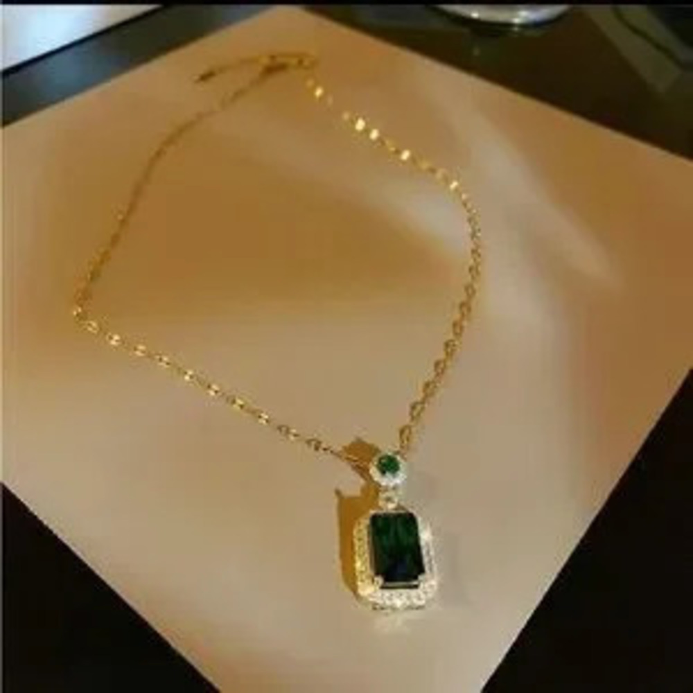 18K Gold Plated Green Zircon Rectangle Pendant Necklace